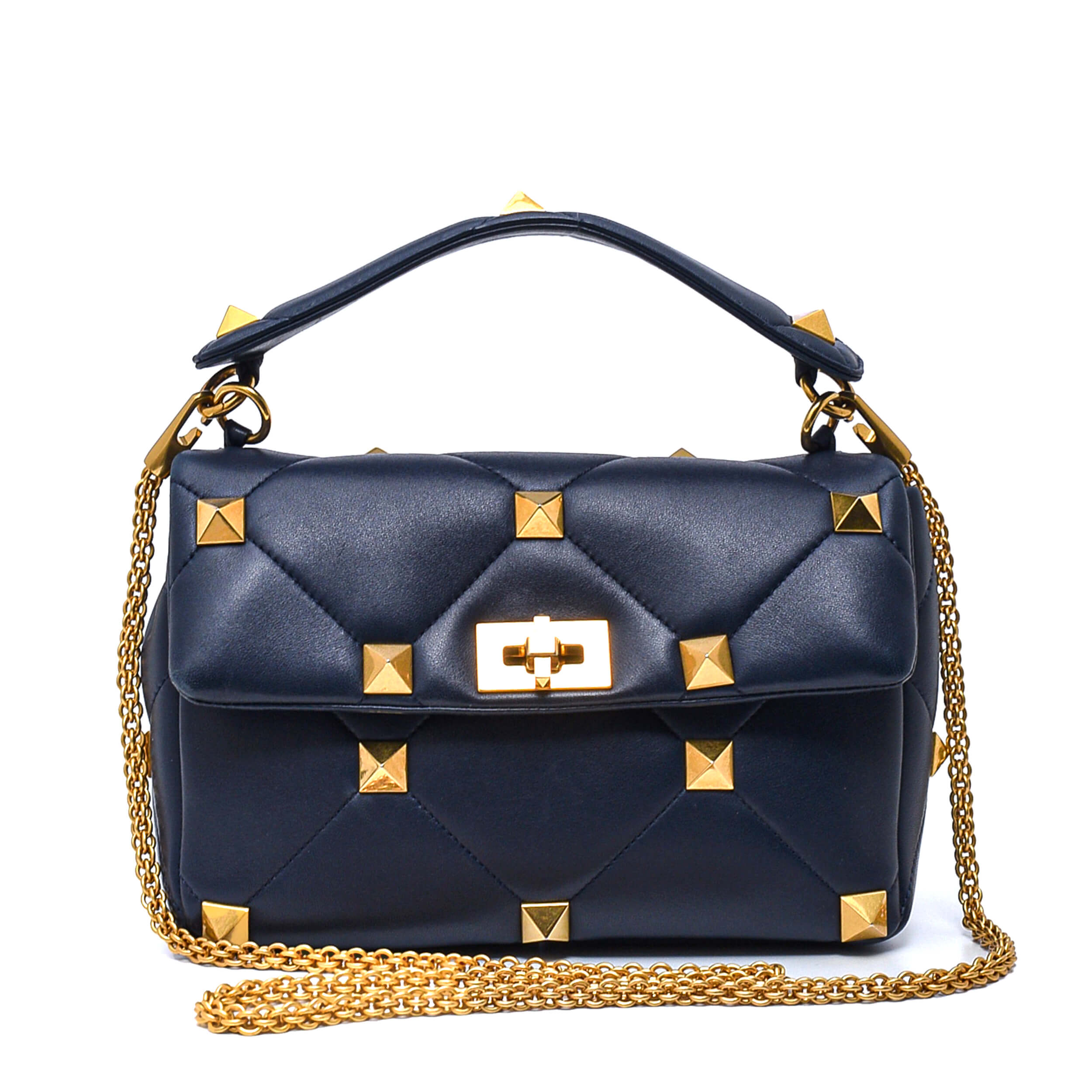 Valentino- Navy Blue Quilted Leather Roman Stud Medium Tote Bag
